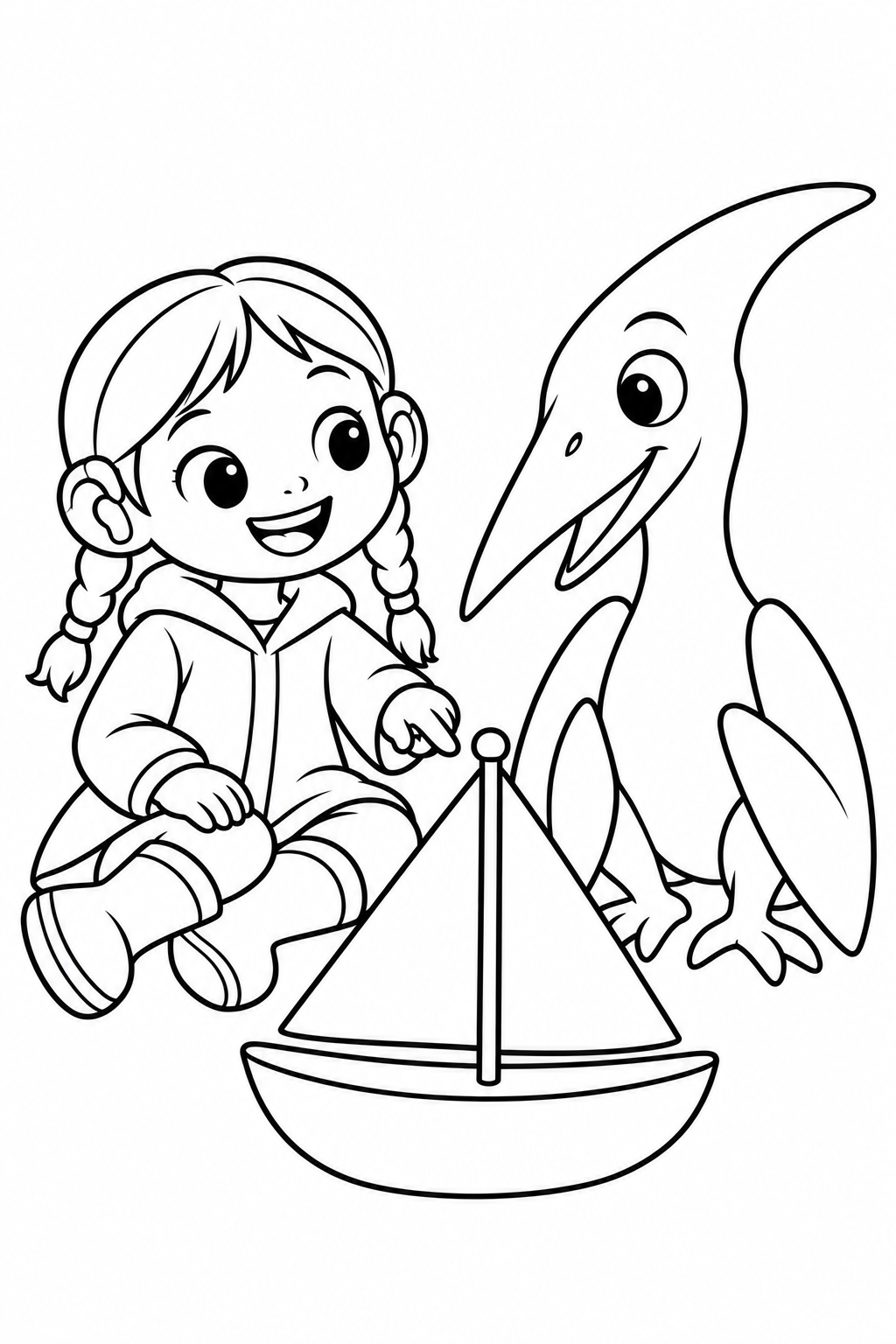 Simple outline drawing of Hana & Kite: a little boat, a big adventure.