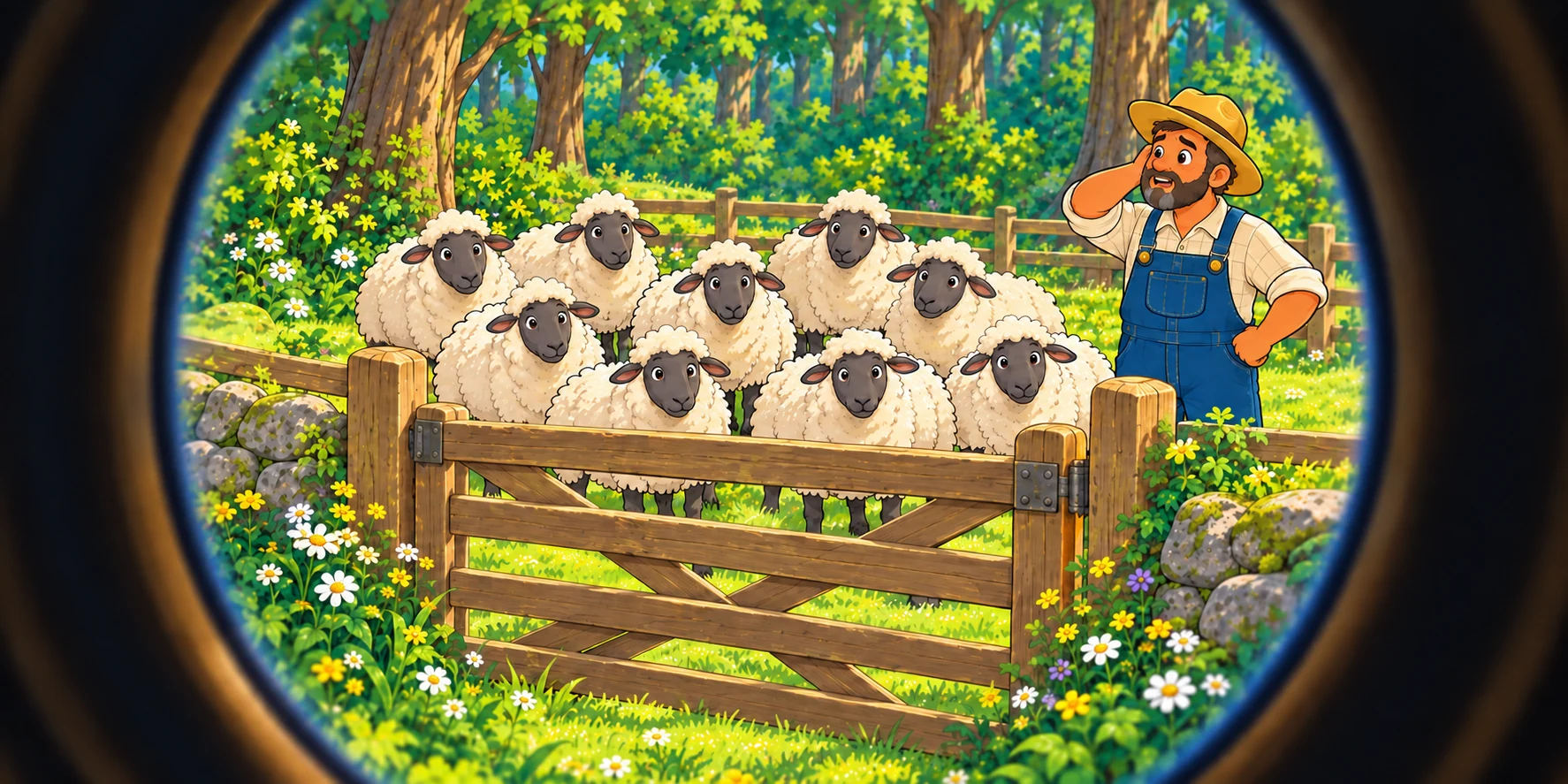 Fig sees nine sheep at the forest gate, where the Farmer is missing a lamb.