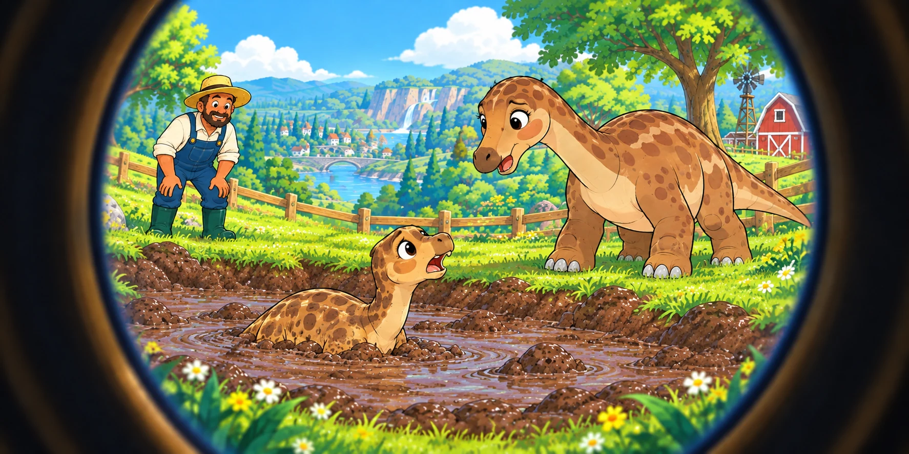 A spotted dinosaur calf is stuck in mud while its mother and the Farmer watch from firm ground.