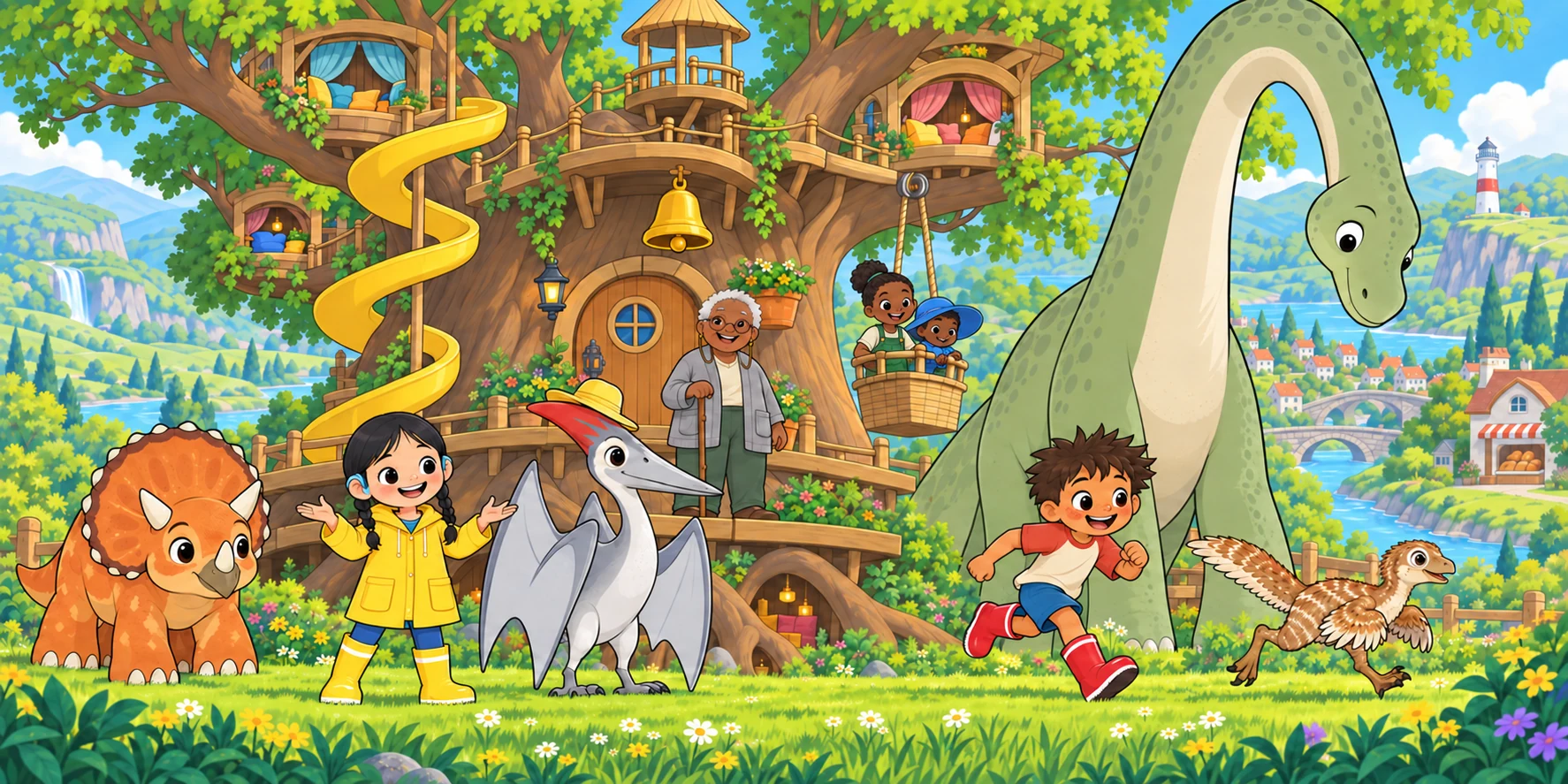 Ivy in short green overalls rides in the tree lift basket while the Roostlings gather below.