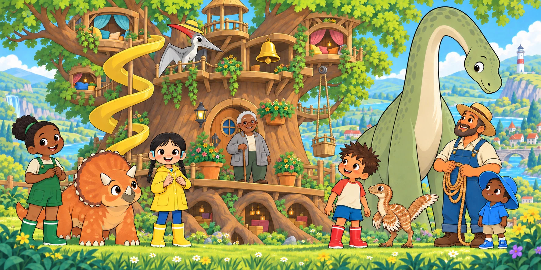 The Farmer and Ivy stand with the Roostlings beneath the treehouse and dinosaurs.