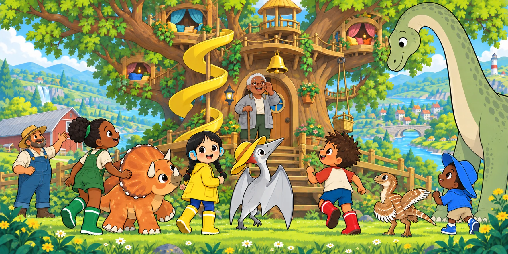Ivy and the Farmer join the Roostlings on the path to the treehouse.