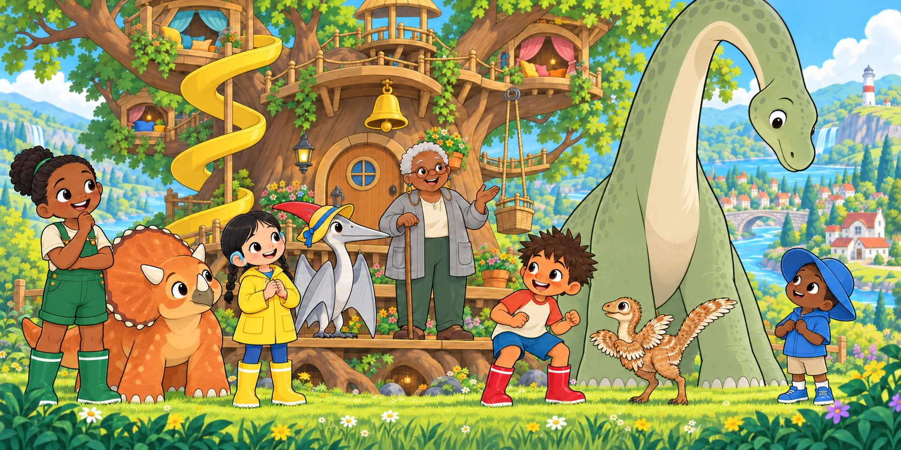 Ivy stands with friends and dinosaurs at the treehouse.