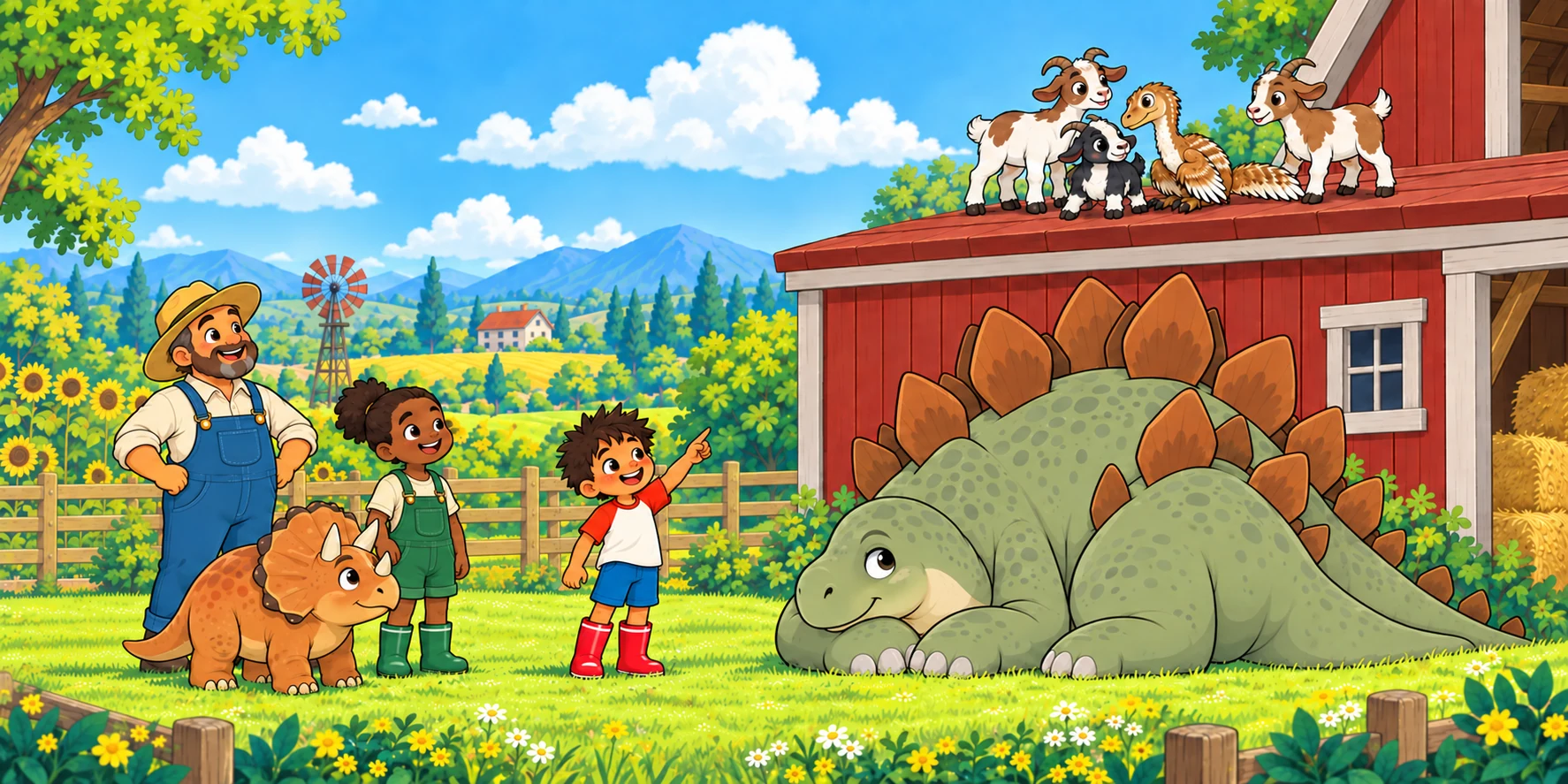 The Farmer and Ivy watch the goats and dinosaurs at the farm.