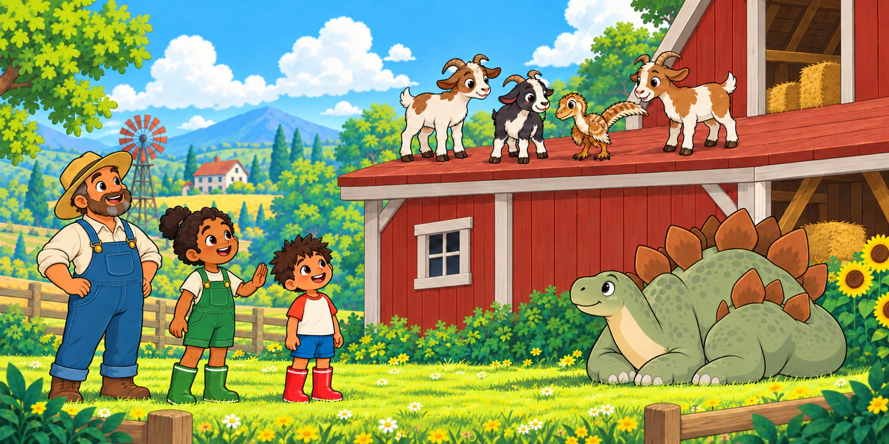 Ivy and the Farmer stand among the farm friends and animals.