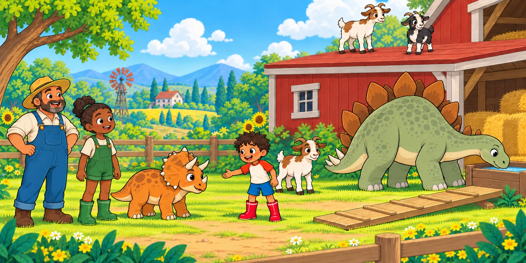 The Farmer and Ivy stand beside the barn while the goats and dinosaur gather.