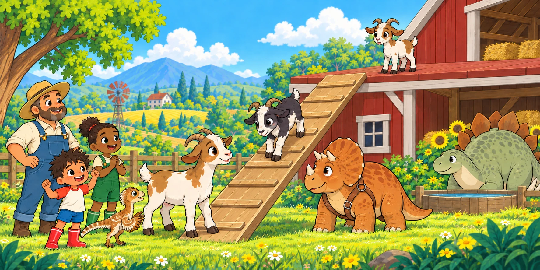 The Farmer and Ivy watch the goats walk down a ramp beside the barn.