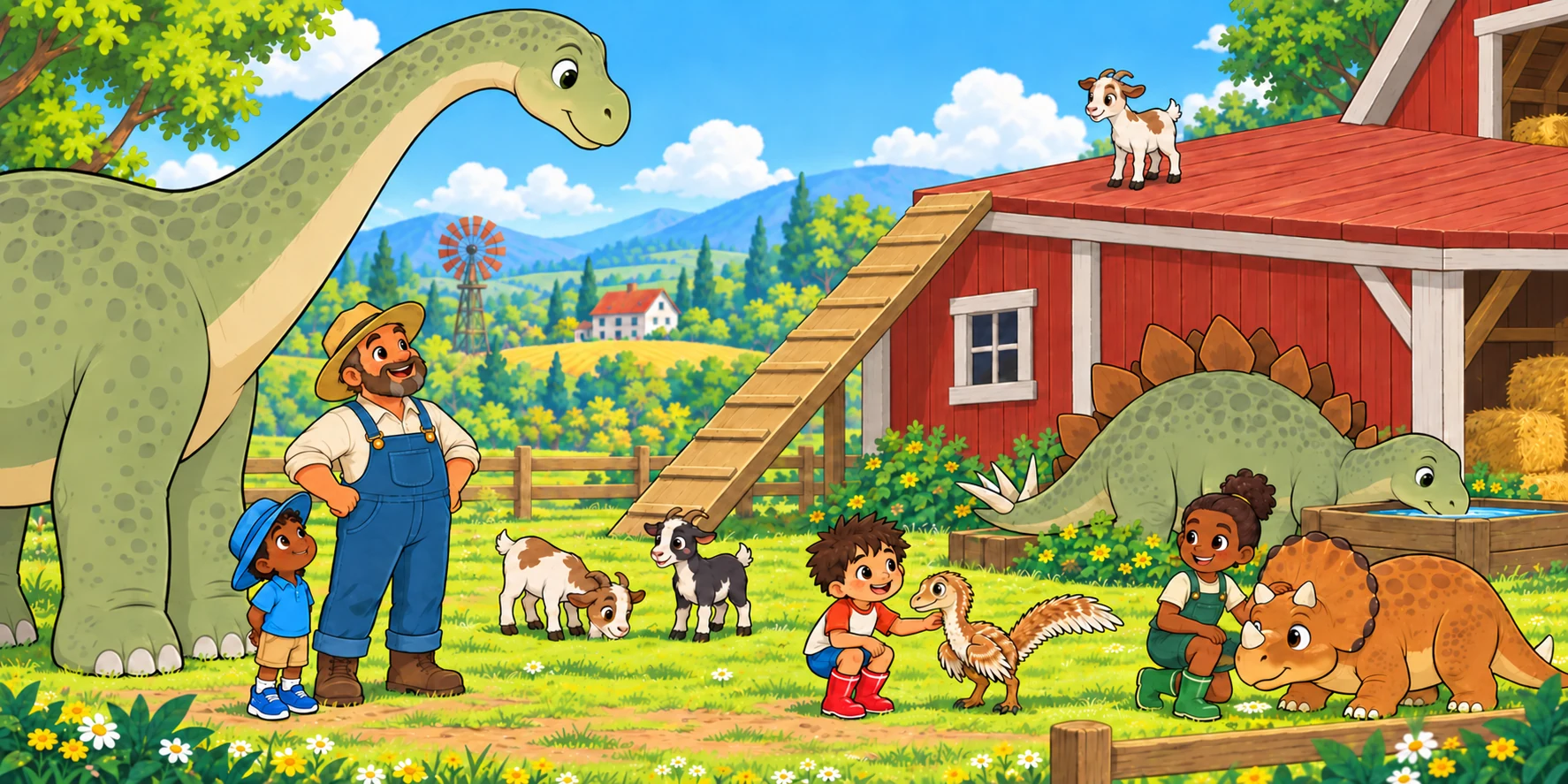 The Farmer watches as Ivy sits beside the triceratops; Obi stands beside him in blue trainers.