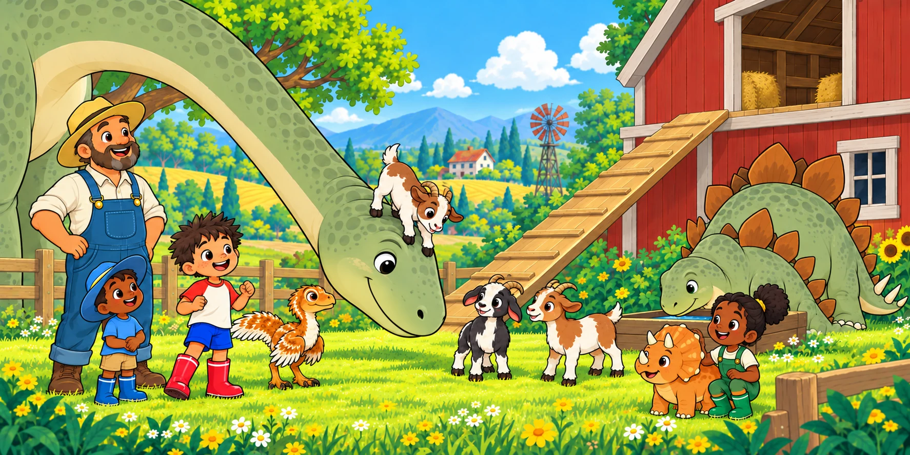 The Farmer stands among the Roostlings and farm animals as the goats gather.