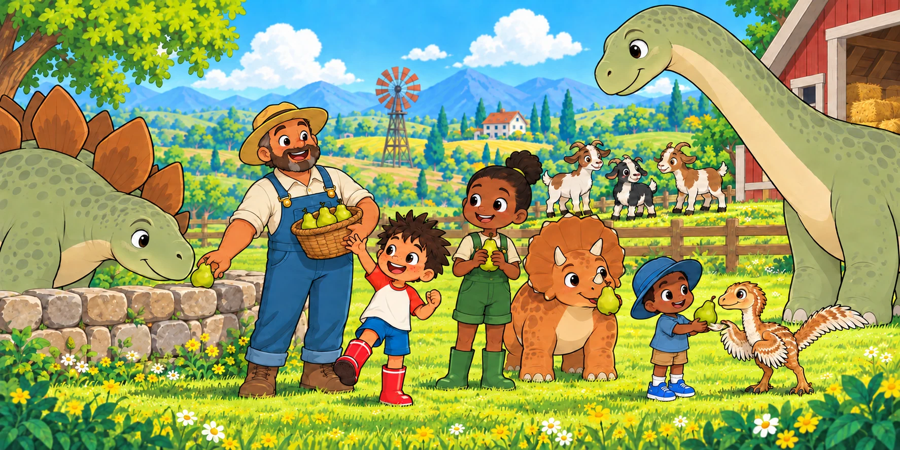 The Farmer offers pears from a wicker basket while Ivy and the children share fruit with farm animals; Obi wears blue trainers.