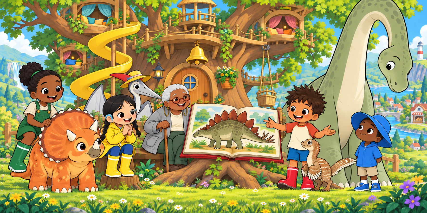 Ivy sits on the triceratops while the Roostlings gather around the open book.