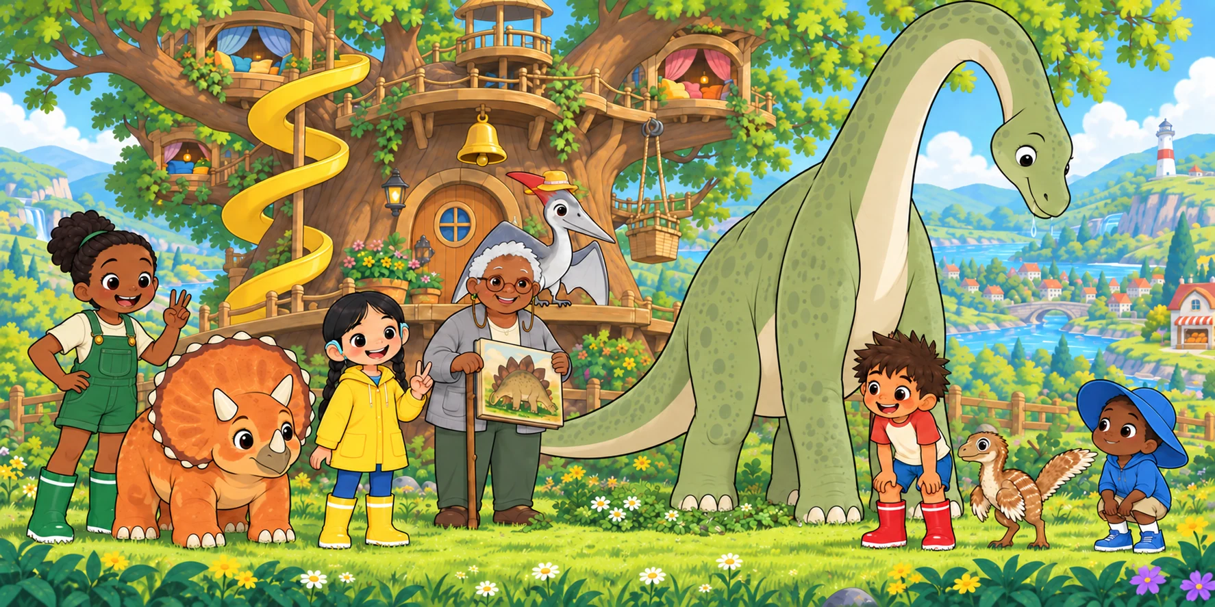 Ivy waves beside the triceratops while friends gather at the treehouse.