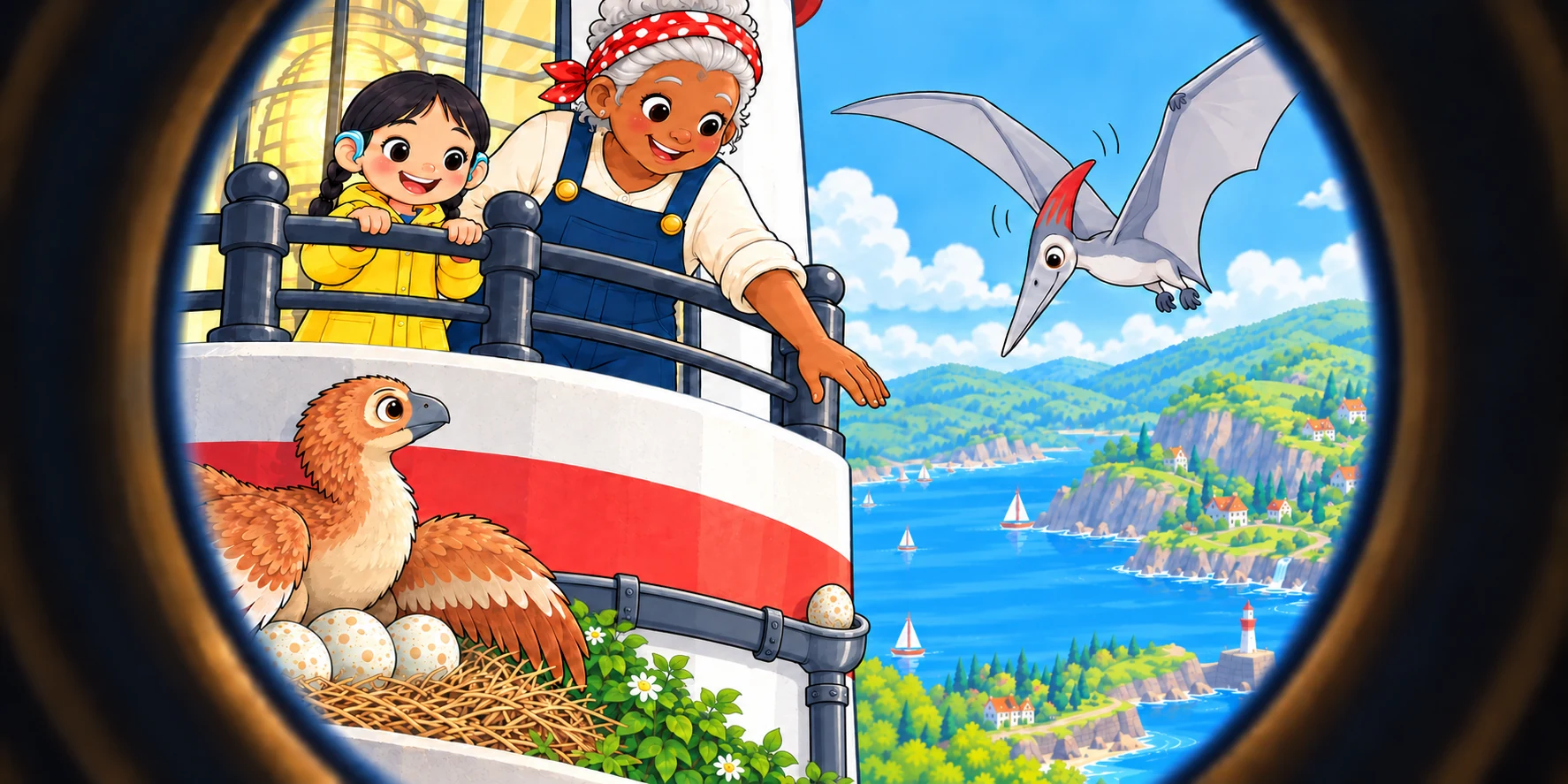 The keeper reaches from the lighthouse balcony, but the egg in the gutter is still too far below her hand.