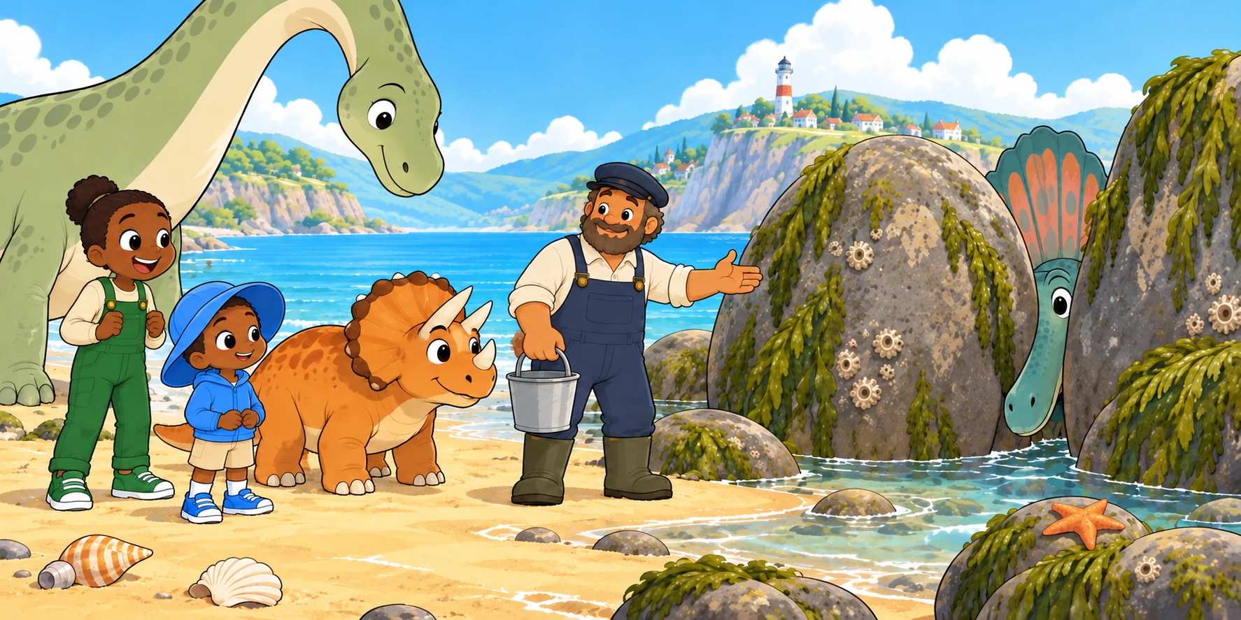 On the sunny beach, Ivy stands beside Pebble as Obi, Maple, Bubble and the Ferry-keeper wait by the rocks.