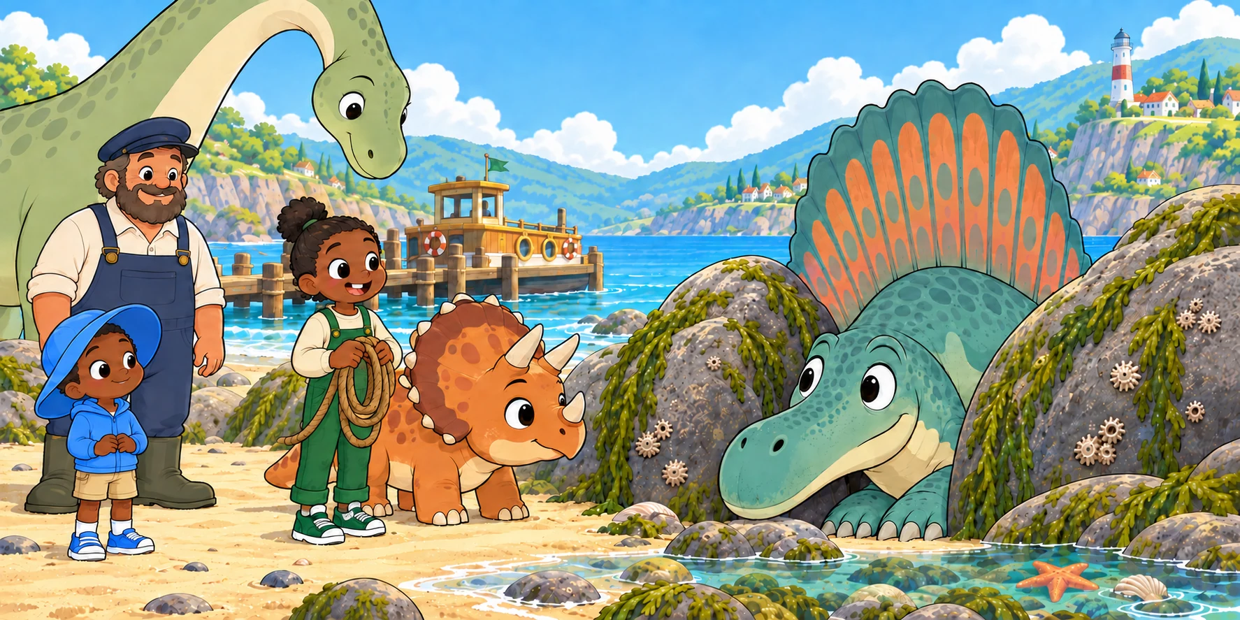 Ivy holds the rope on the beach as Bubble's face and sail peek between the rocks; the Ferry-keeper and friends watch gently.