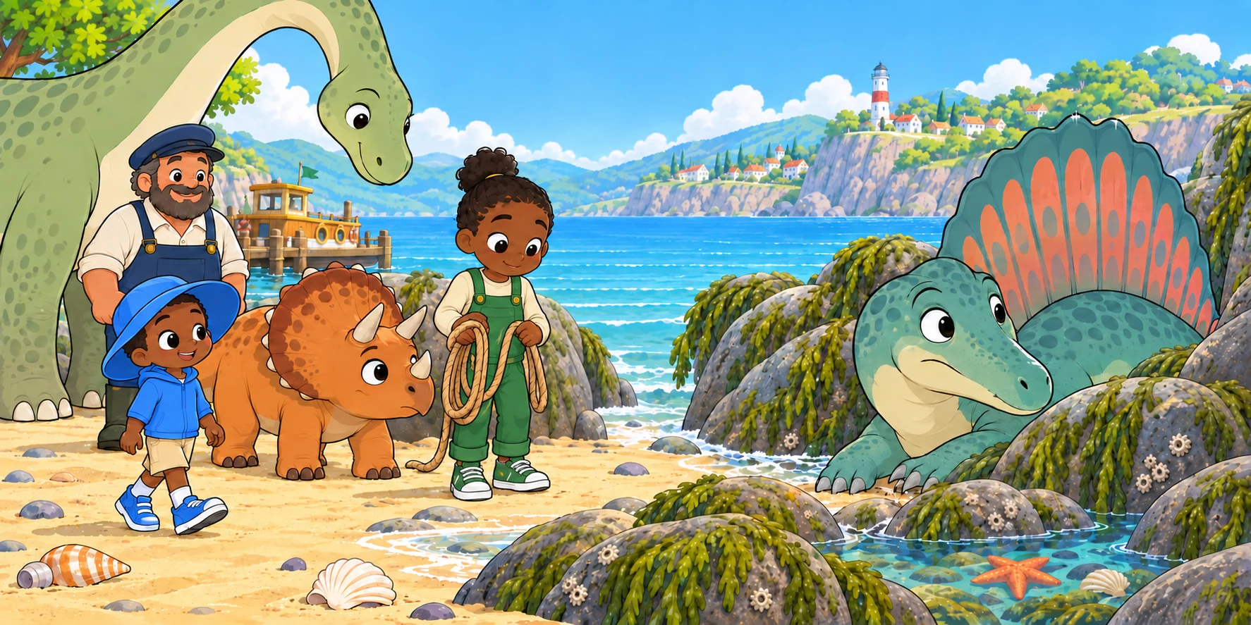 Ivy holds the rope while Pebble lowers her frill in agreement on the sunny beach; Bubble remains between the rocks.