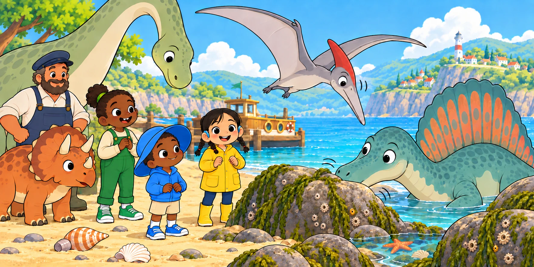 Hana and Kite arrive at the beach as Ivy, Obi and the Ferry-keeper watch Bubble among the rocks.