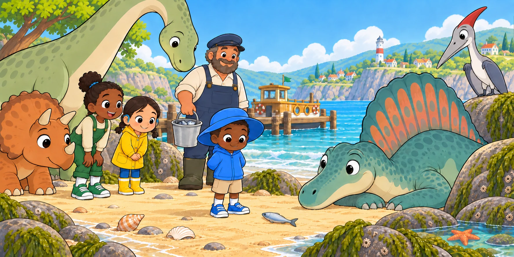 Obi waits before Bubble while Ivy, the Ferry-keeper, Pebble and Kite stand quietly on the beach.