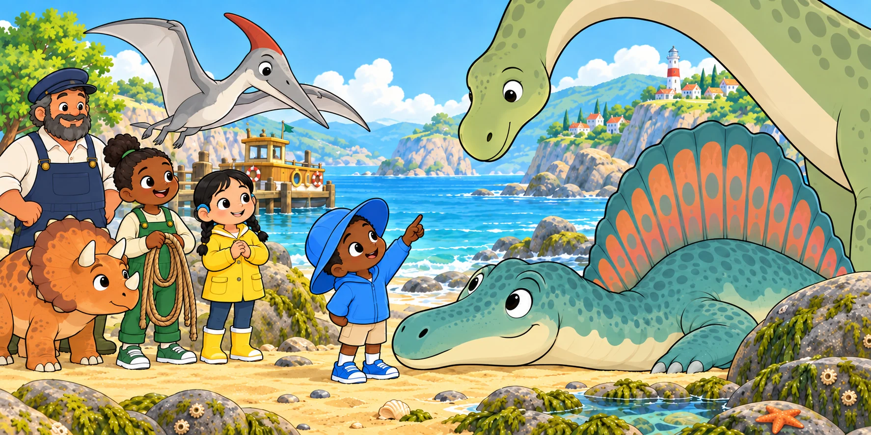 Obi points toward the Roost while Bubble rests beside him; Ivy, the Ferry-keeper and friends watch from the beach.