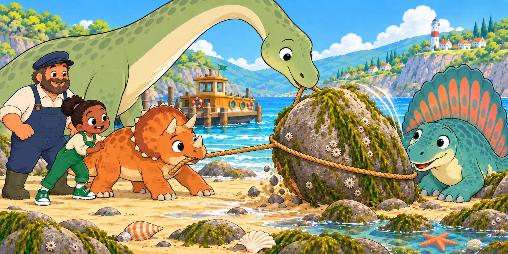 Pebble pulls the rope around the rock while Maple guides it and Bubble waits beside the opening.