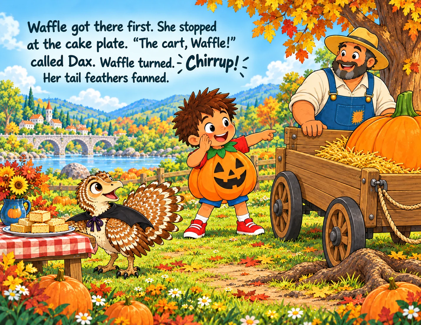 Waffle stops beside the cake plate and Dax points her toward the cart.