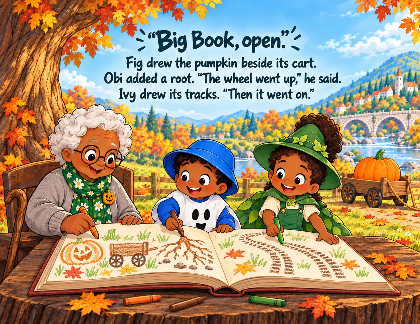 Fig, Obi and Ivy draw the pumpkin, cart, root and tracks in the Big Book.