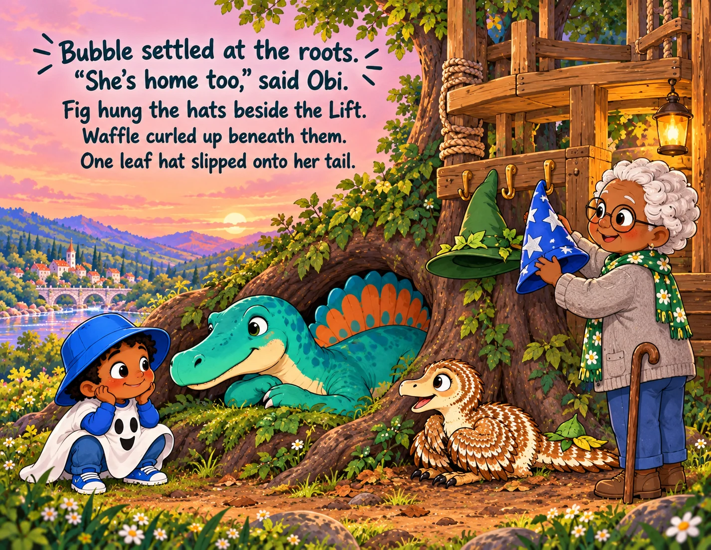 Bubble settles at the roots as Fig hangs the hats and a leaf hat rests on Waffle's tail.