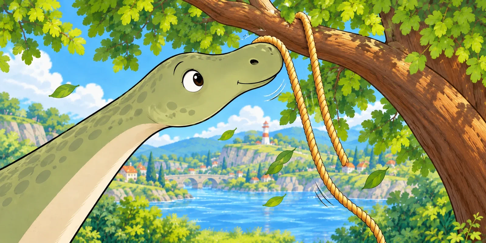 Maple gently lifts a loose golden rope over his nose beneath the tree branch.