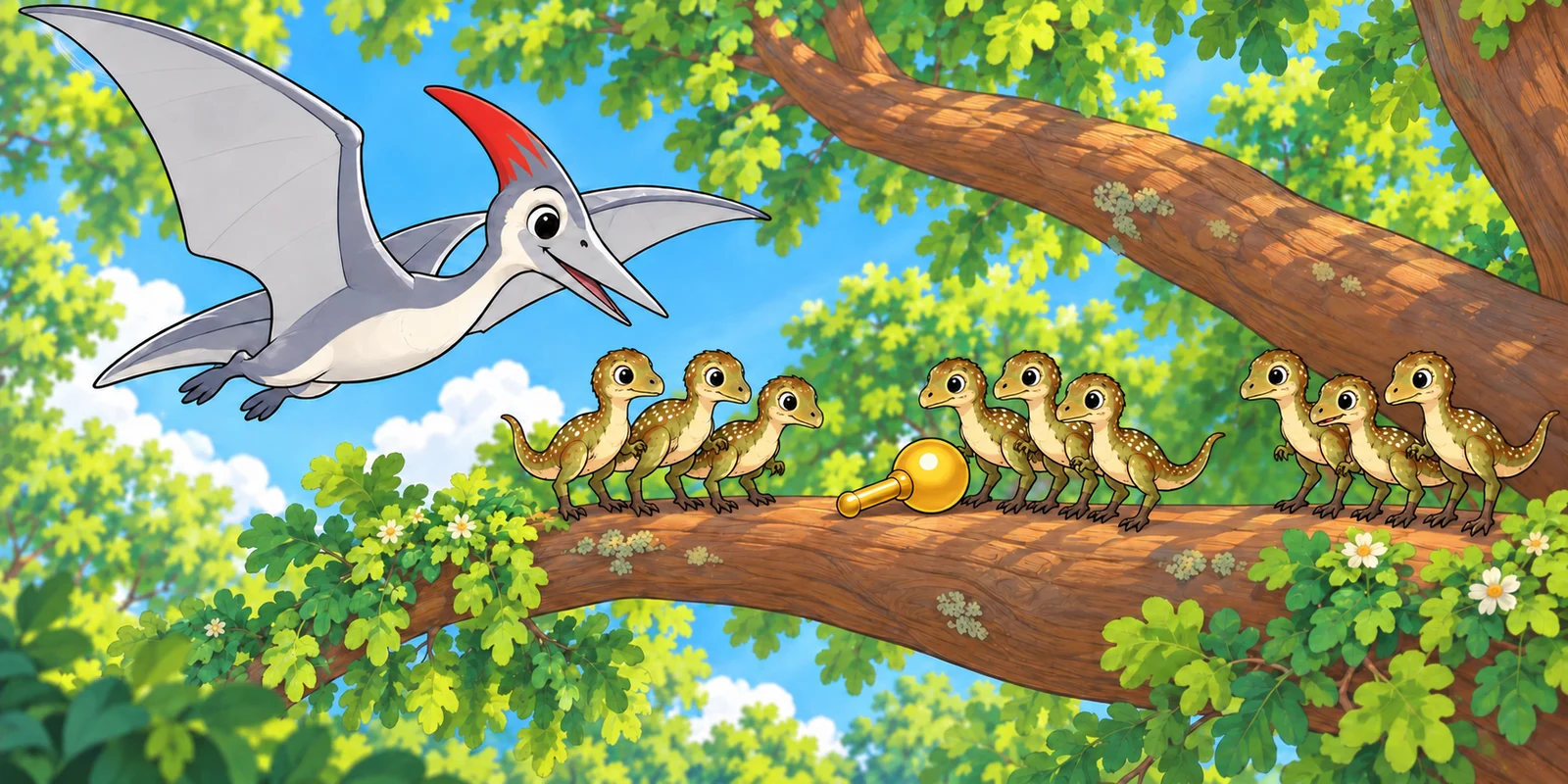 Nine olive-speckled Nibblers move around the branch and clapper.