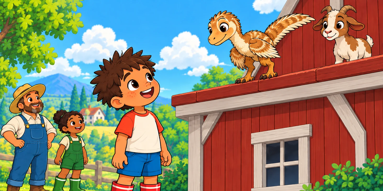 Dax looks up toward Waffle while Farmer and Ivy stand by the red barn in corrected Roostlings outfits.