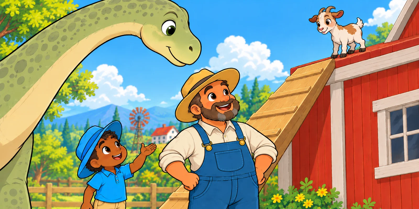 Close-up of the Farmer smiling in his straw hat and overalls.