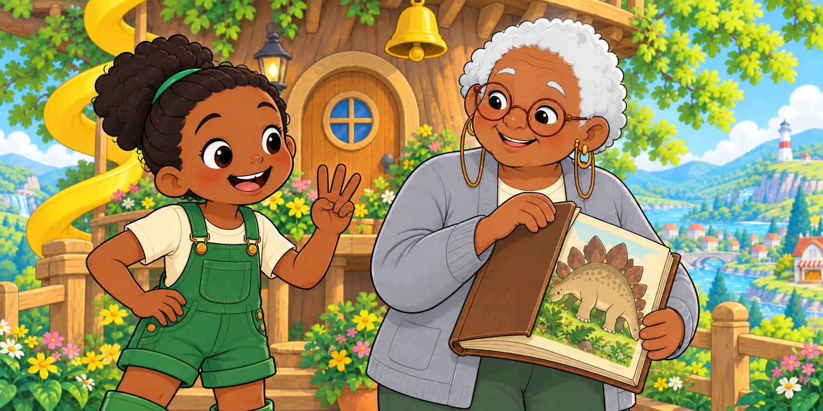 Ivy holds up three fingers beside Fig and the open book.