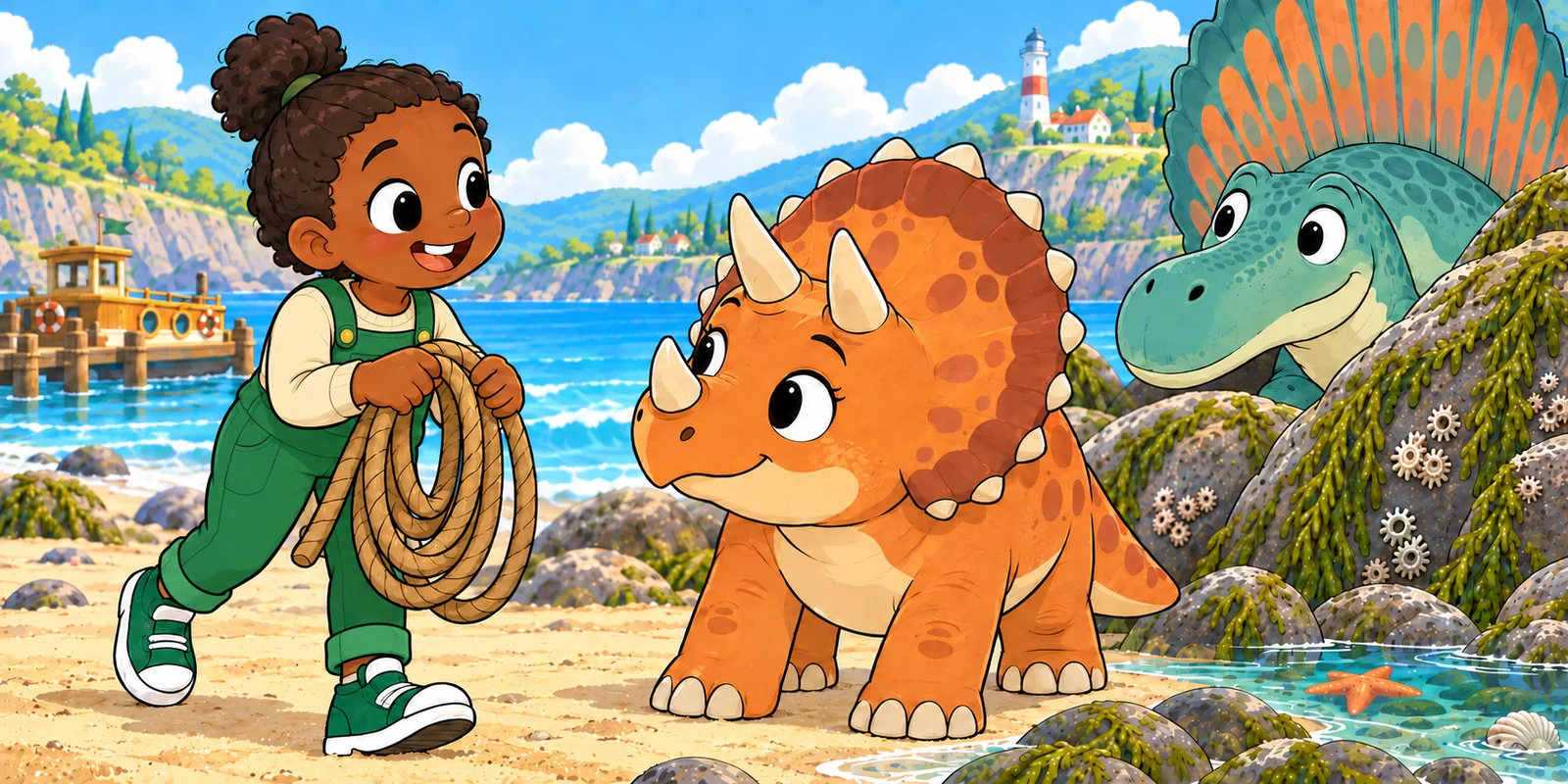 Ivy holds a loose coil of rope beside Pebble on the beach, with Bubble visible behind the rocks.