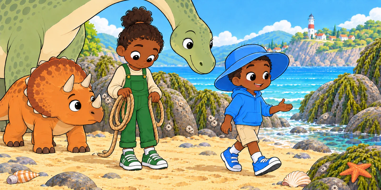Ivy looks thoughtfully down while holding the rope; Obi approaches and Maple bends nearby on the beach.