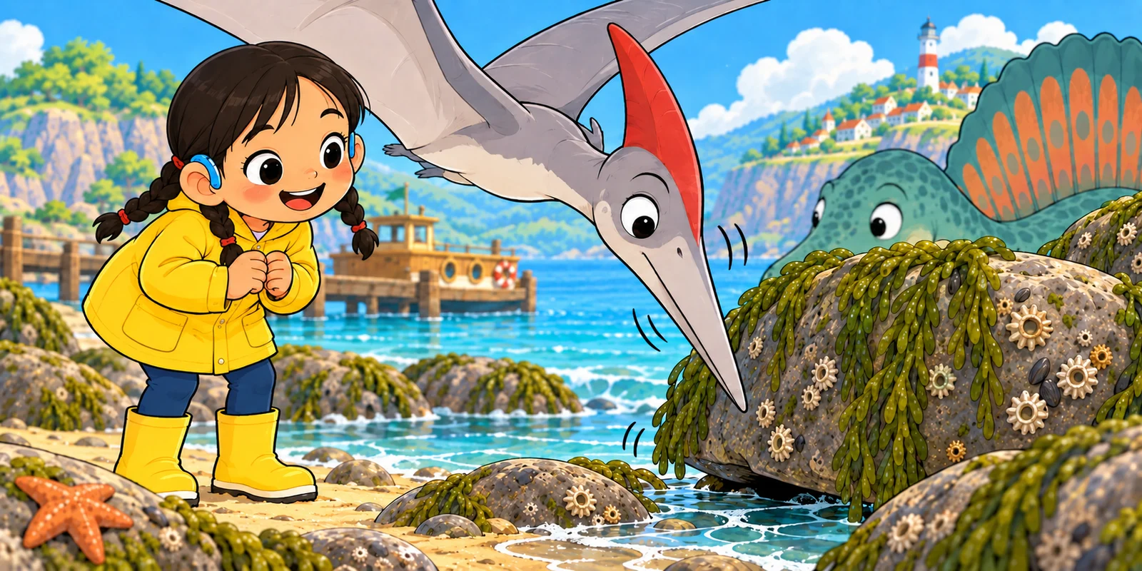 Hana in a yellow coat watches Kite investigate the rocks beside the sea.