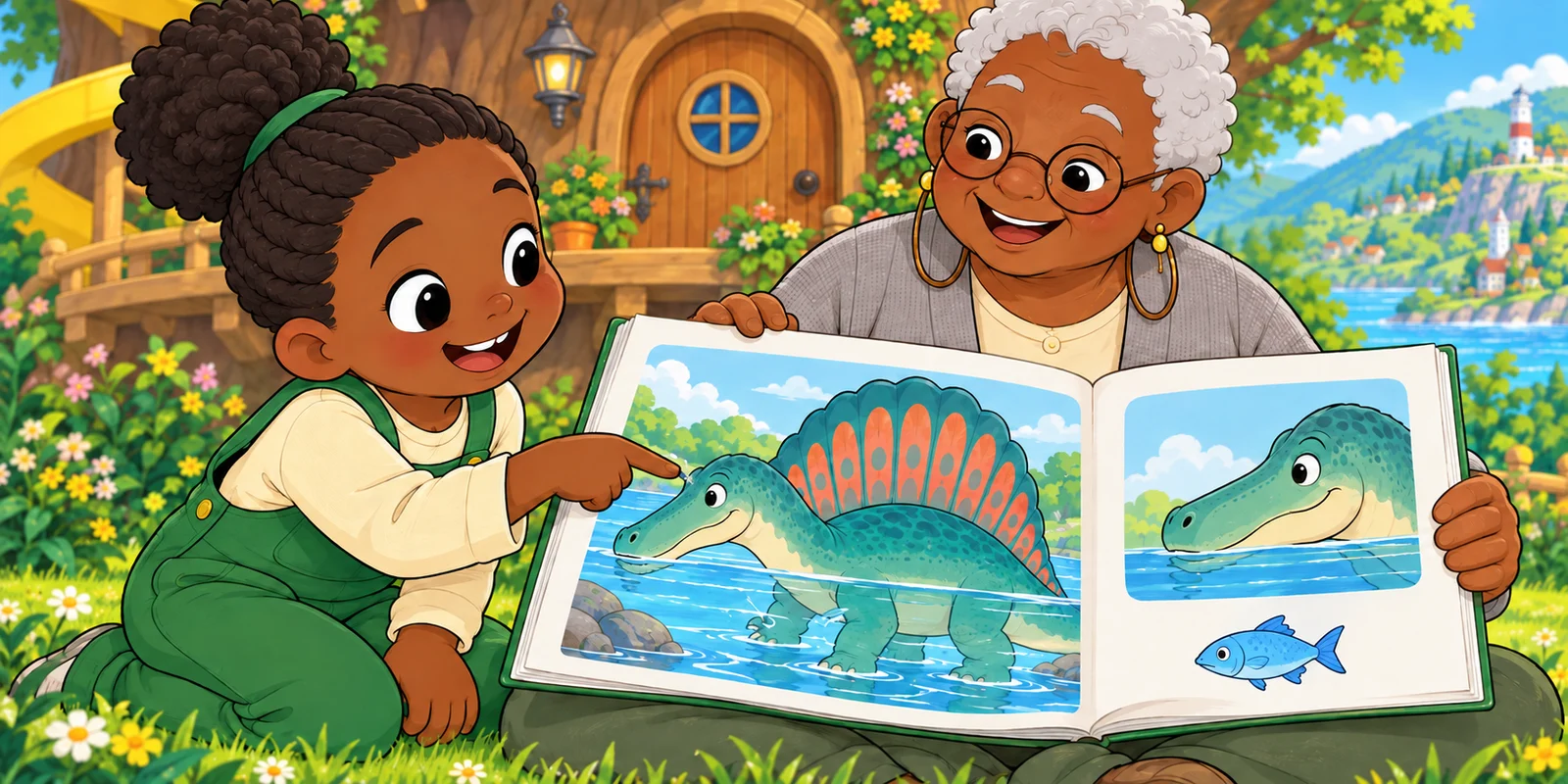 Ivy points to a Spinosaurus picture in the open green-bound Big Book as Fig smiles beside her.