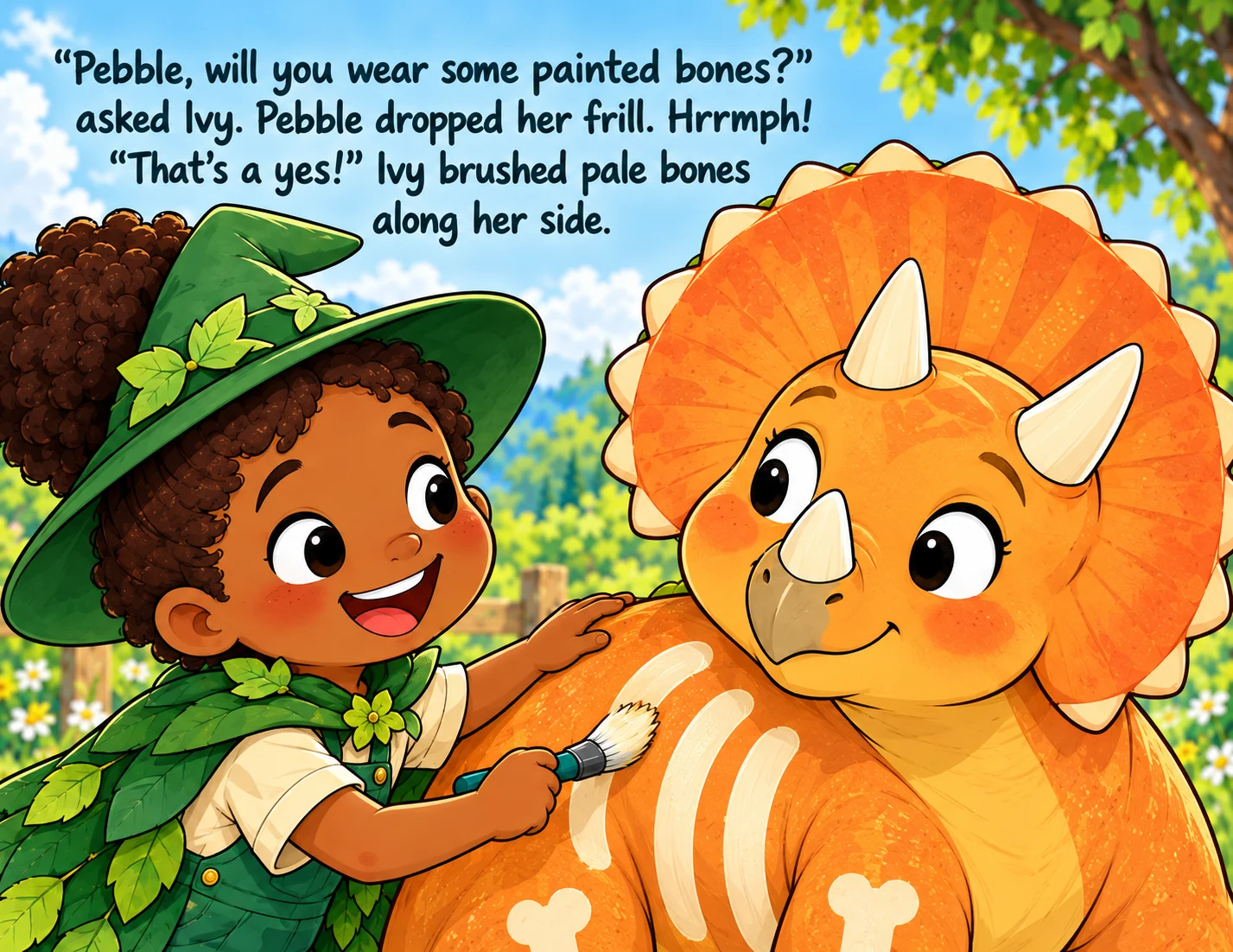 Ivy asks Pebble before painting pretend pale bones along her orange side.