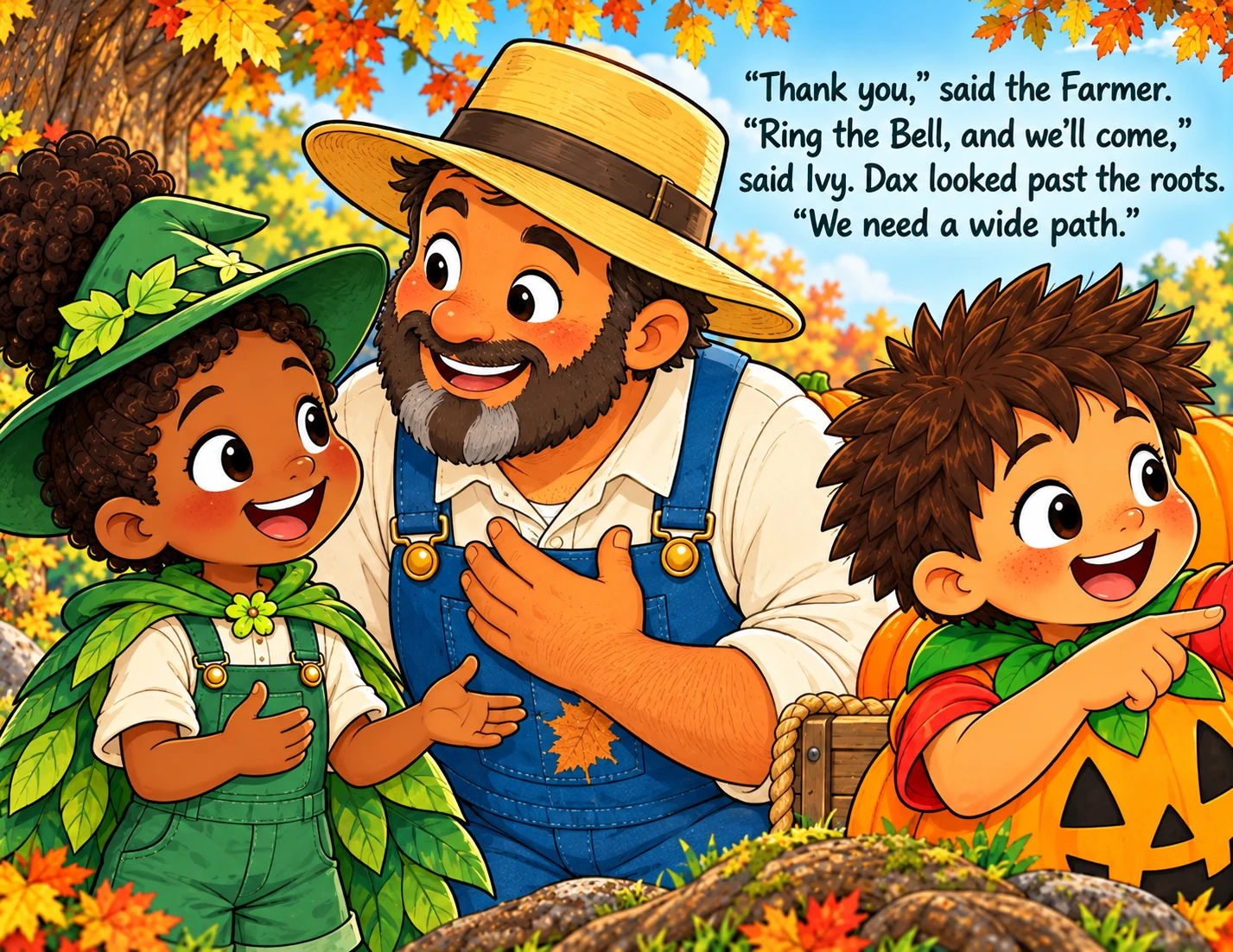 The Farmer and Ivy smile in thanks, with Dax pointing toward a wider path.