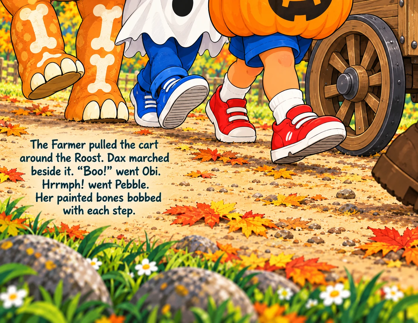 Dax's red shoes, Obi's blue shoes and Pebble's painted legs march beside one pumpkin-cart wheel.