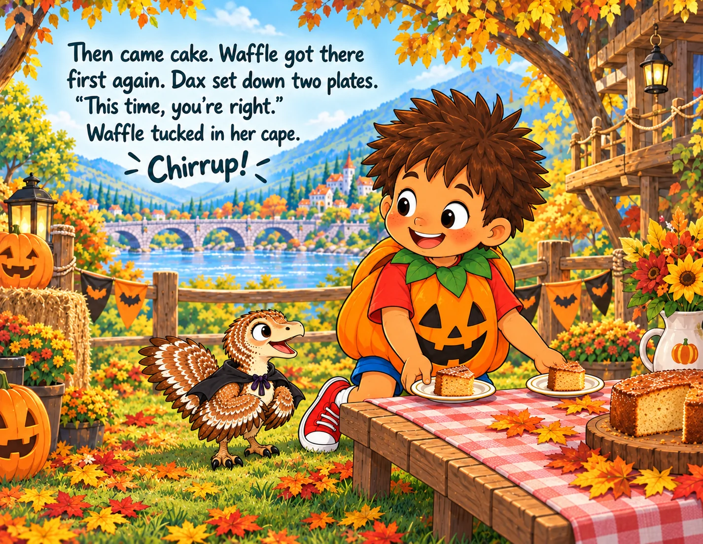 Dax sets down two cake plates and Waffle tucks in her bat cape.