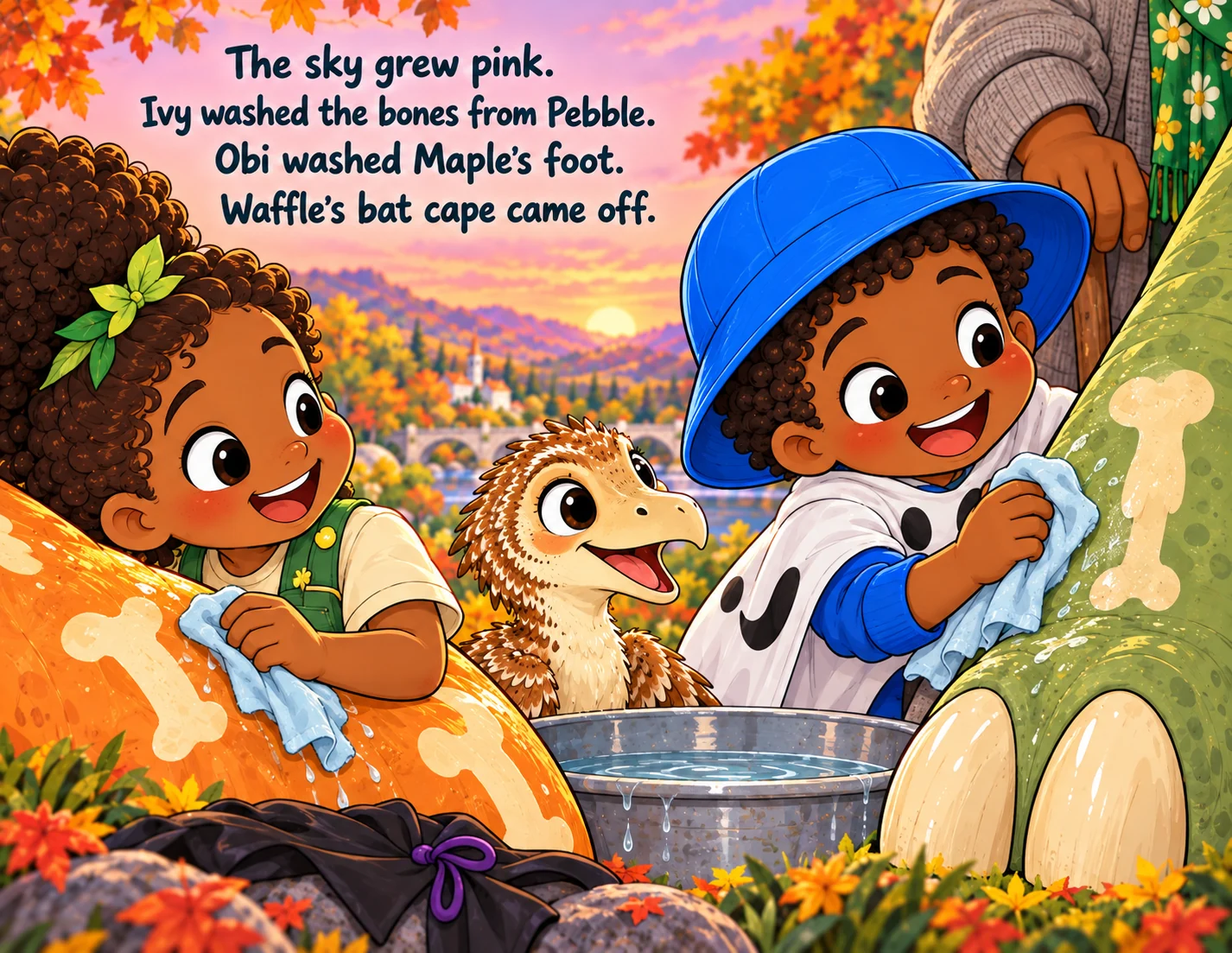 Ivy and Obi use soft cloths to wash painted bones from Pebble and Maple's foot; Waffle peeks past the basin and her removed cape.