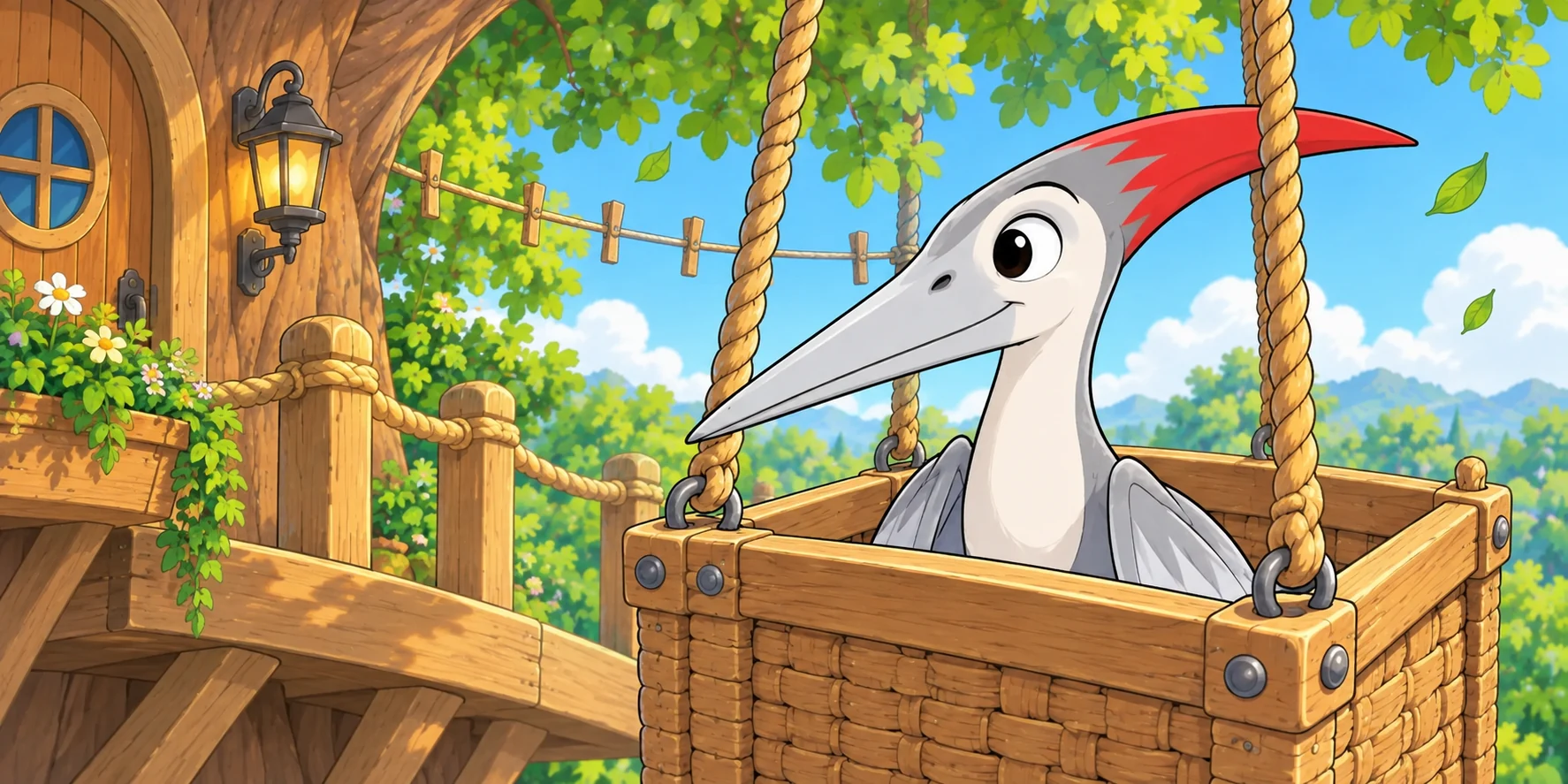 Kite's face rises above the Lift basket beneath an empty clothesline and pegs.