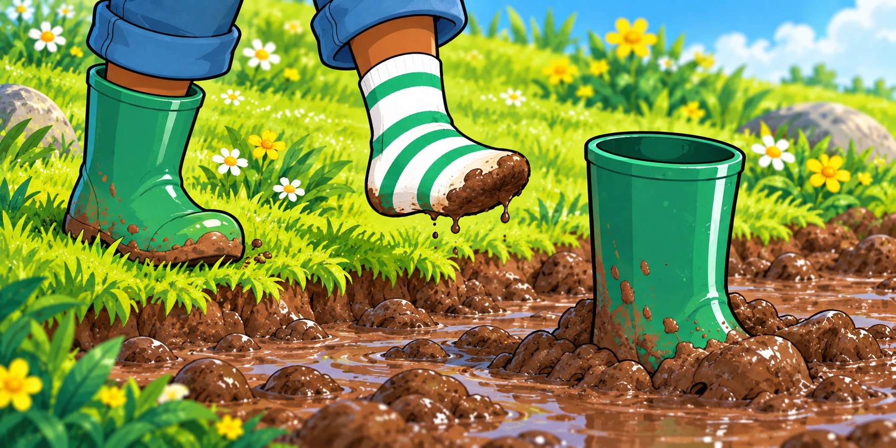 One of Ivy's green boots is stuck empty in the mud beside her freed striped sock and her other boot.