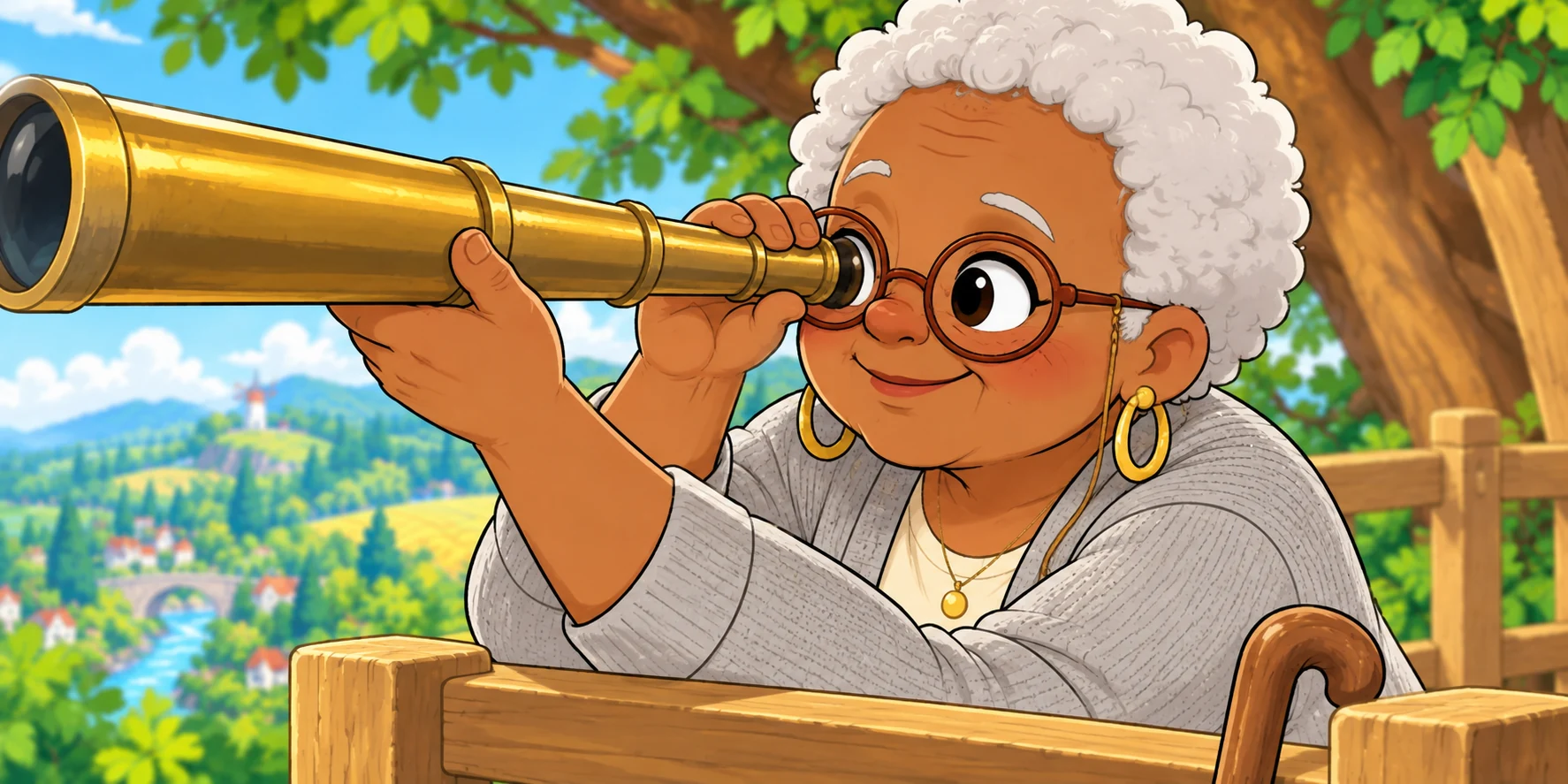 Fig looks through her brass telescope, her face and hands filling the frame.