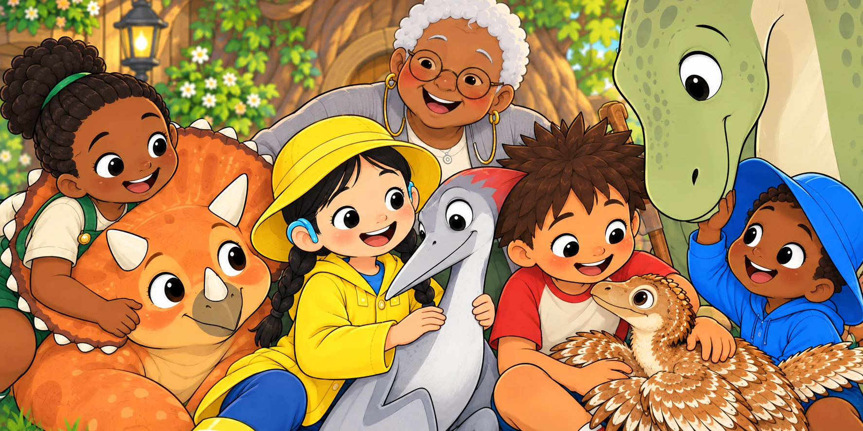 Fig, the four children and their dinosaur partners gather close at home, with Hana's recovered yellow hat.