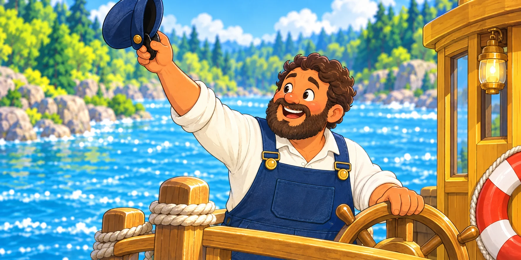 The Ferry-keeper waves his cap from behind the ferry wheel.