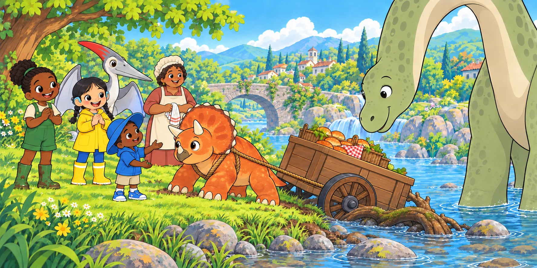 Obi stood on the bank a long time. He did not touch the cart. He looked at Maple, and Maple looked at him. "Maple, will you lift?" Illustration for story page 23.