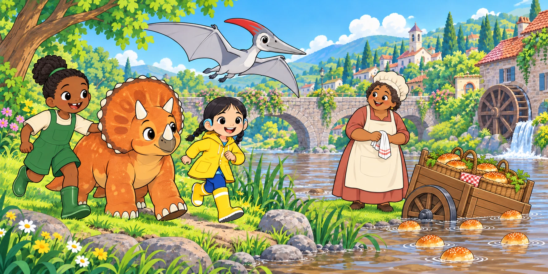 Pebble went down the trunk-path at a trot, frill first. Ivy ran beside her with a hand on her shoulder. Kite went up, and up, and over the Town, and Hana ran under him. Illustration for story page 11.