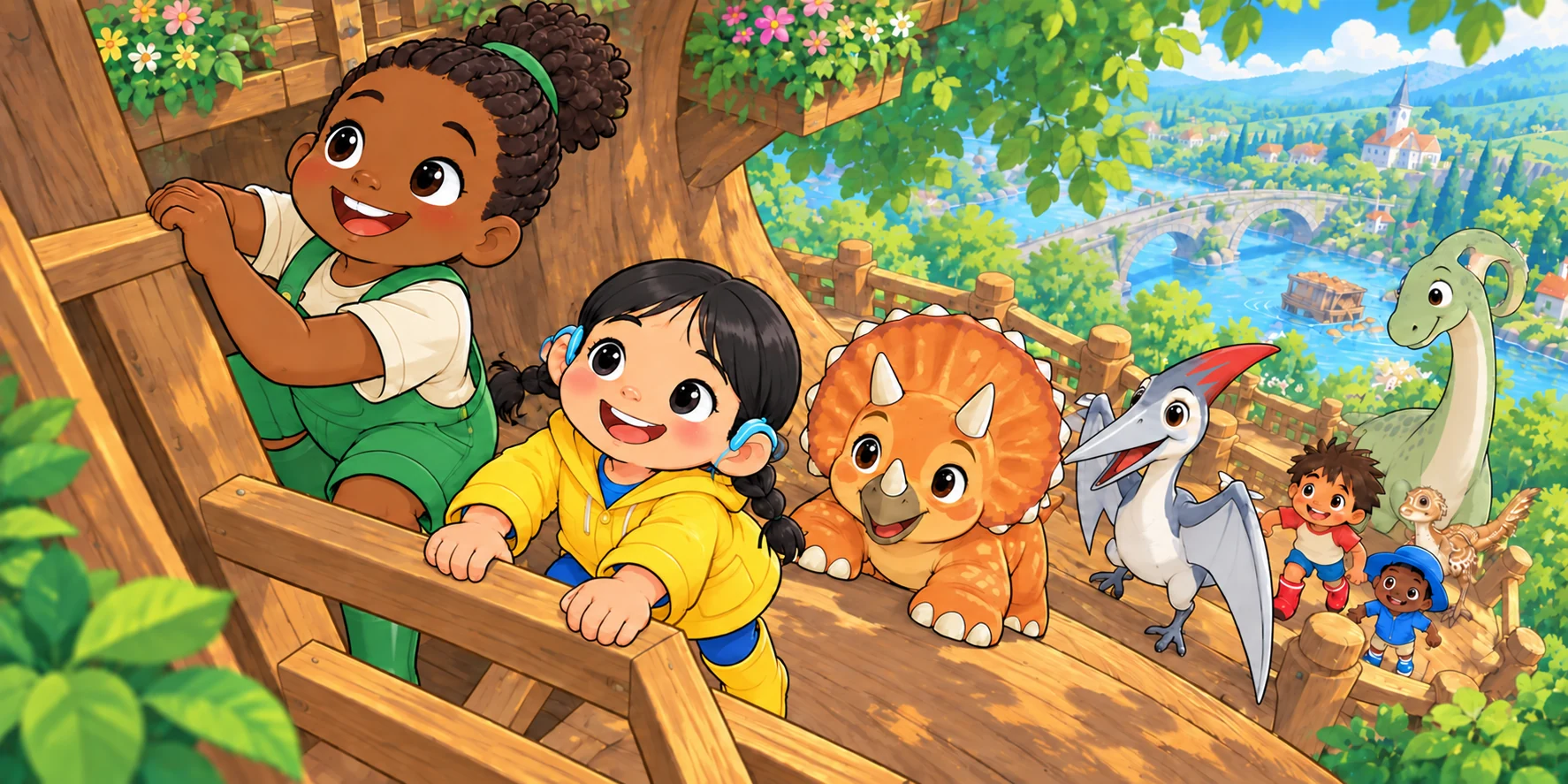 Ivy and Hana climb the ladder while their dinosaur friends follow up the wooden path.