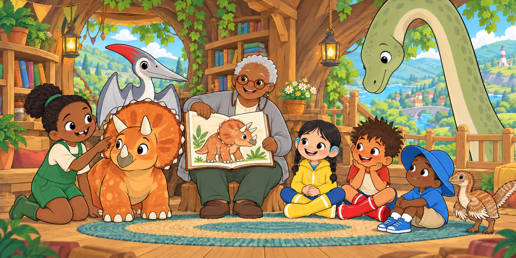 "Big Book, open." Fig found the page with the frill. "Three true things about the Triceratops." Illustration for story page 27.